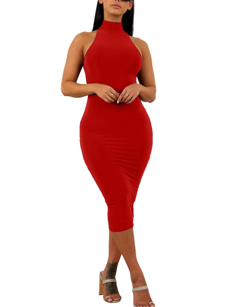 GOBLES Women's Sexy Halter High Neck Elegant Sleeveless Bodycon Midi Club Dress Red - Image 1